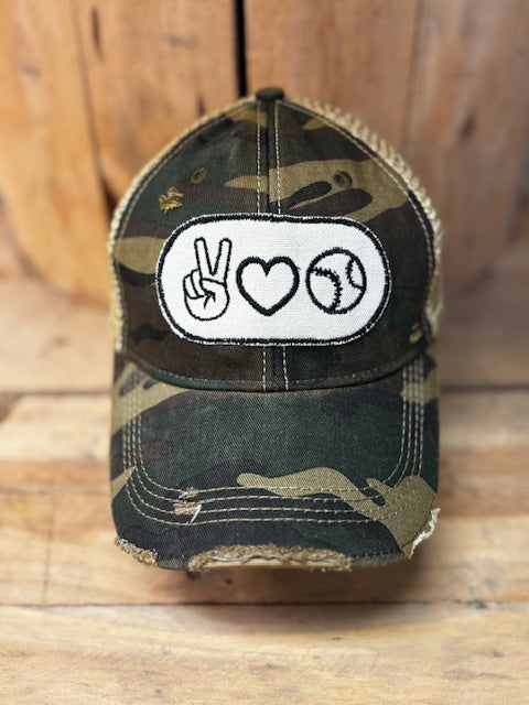 Peace Love Baseball Distressed Mesh Snapback Baseball Cap
