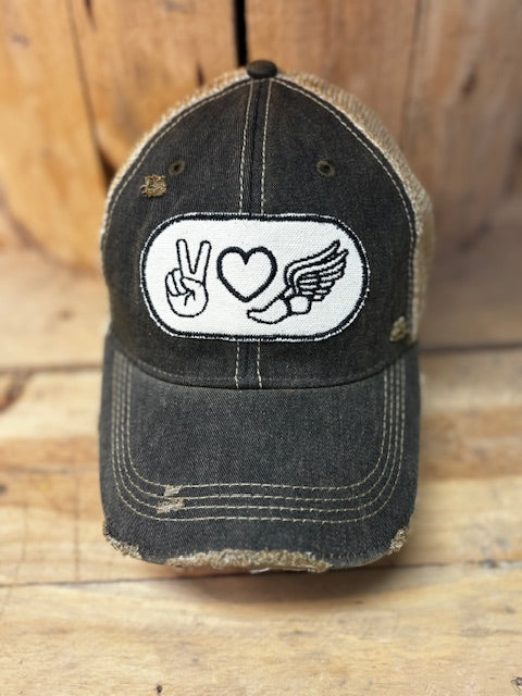 Peace Love Track Distressed Mesh Snapback Baseball Cap