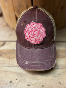 Peony distressed snapback mesh hat