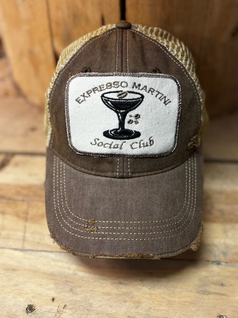 Espresso Martini distressed snapback mesh hat