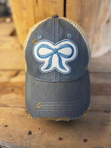 Blue Bow Distressed Mesh Snapback Baseball Cap